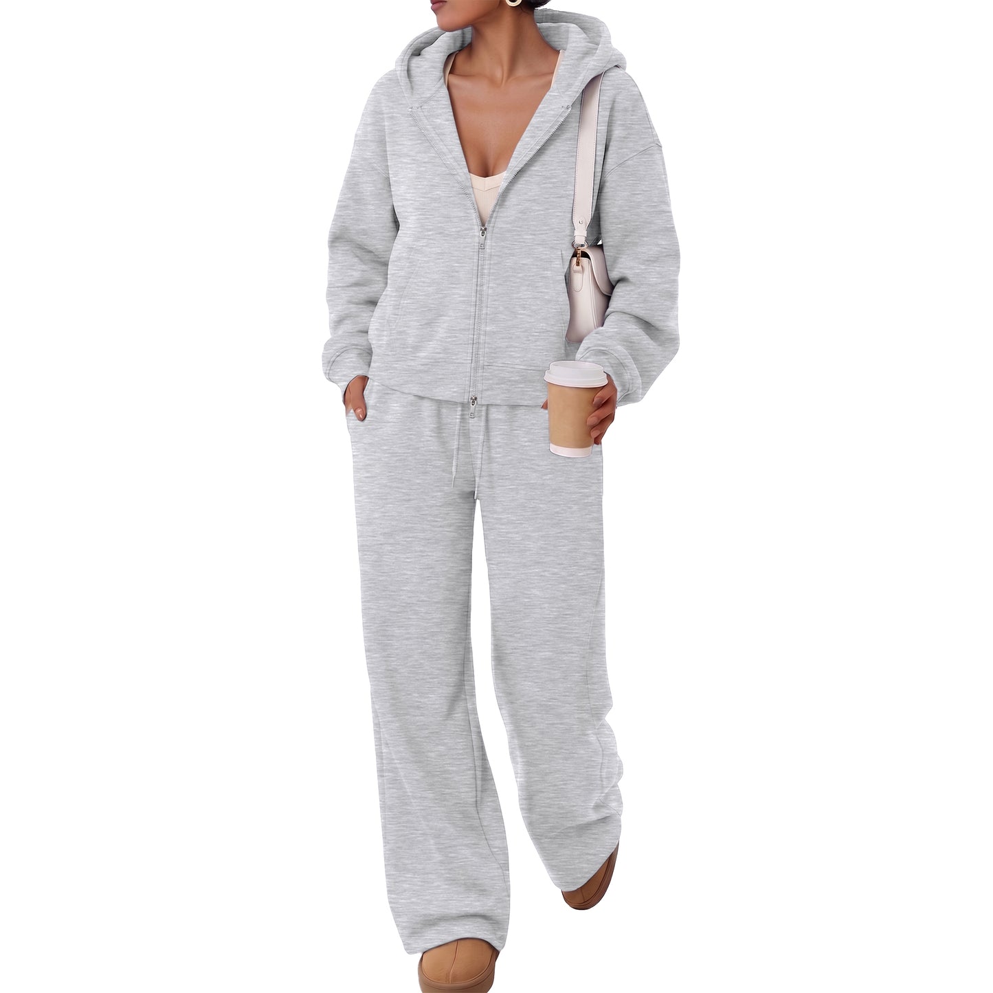 SUNBS Sweatssuits Zip-Up Hoodie Outfits for Women Fall Oversized Loungewear Sets with Wide Leg Pants