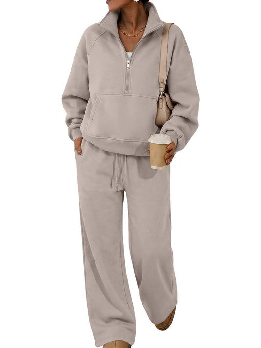SUNBS 2 Piece Women's Sweatsuit Fall Oversized Half-Zip Sweatshirt and Wide Leg Pants Loungewear Set