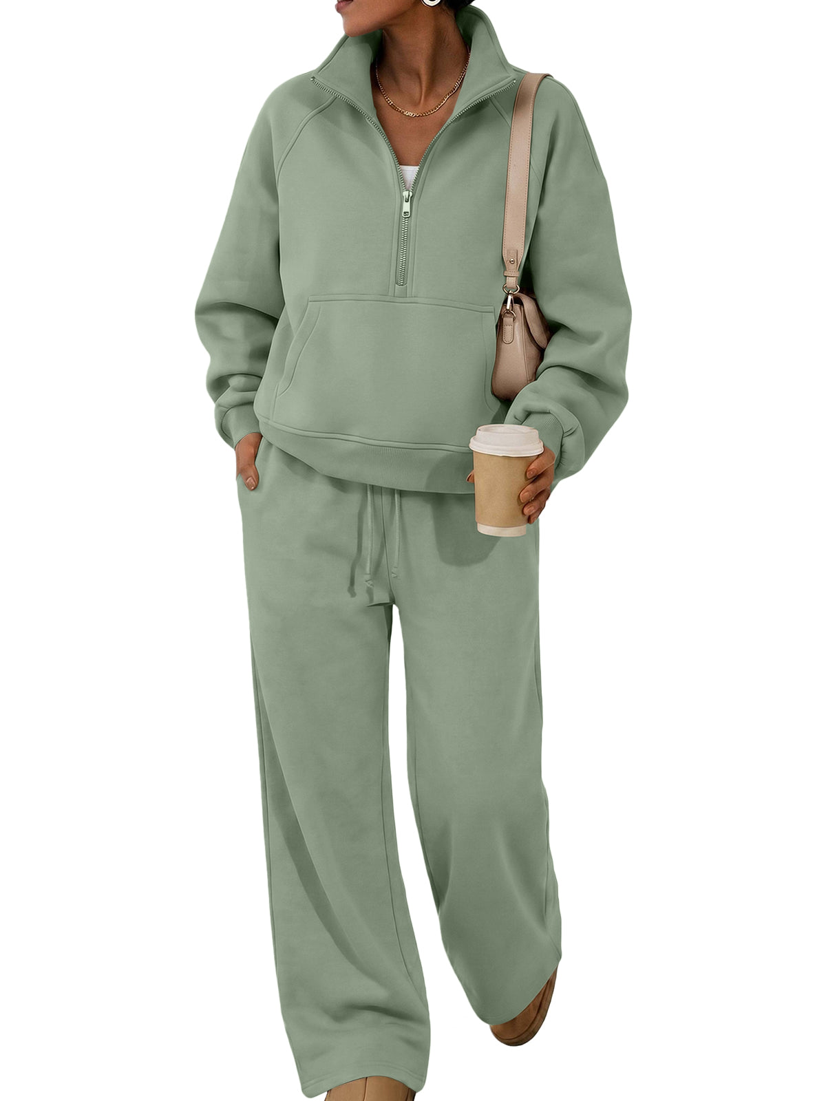 SUNBS 2 Piece Women's Sweatsuit Fall Oversized Half-Zip Sweatshirt and Wide Leg Pants Loungewear Set