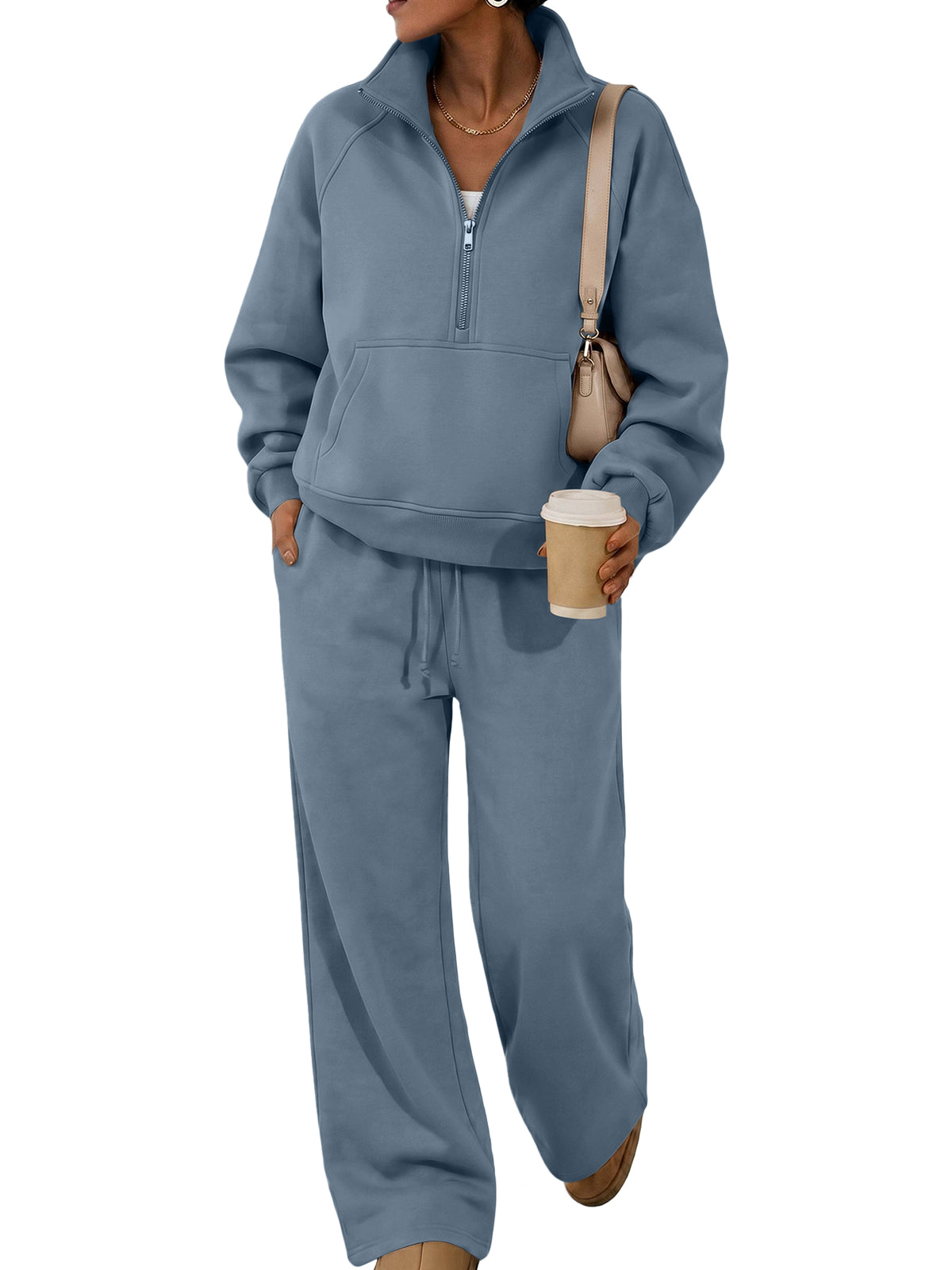 SUNBS 2 Piece Women's Sweatsuit Fall Oversized Half-Zip Sweatshirt and Wide Leg Pants Loungewear Set