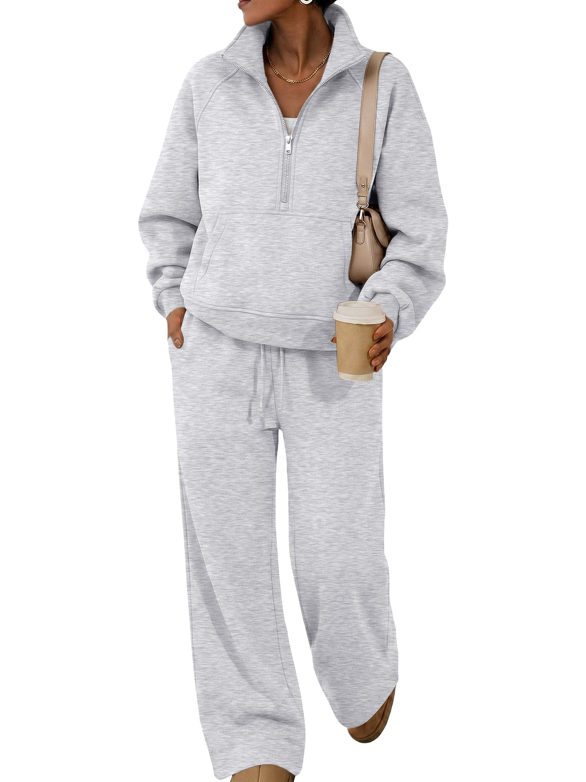 SUNBS 2 Piece Women's Sweatsuit Fall Oversized Half-Zip Sweatshirt and Wide Leg Pants Loungewear Set