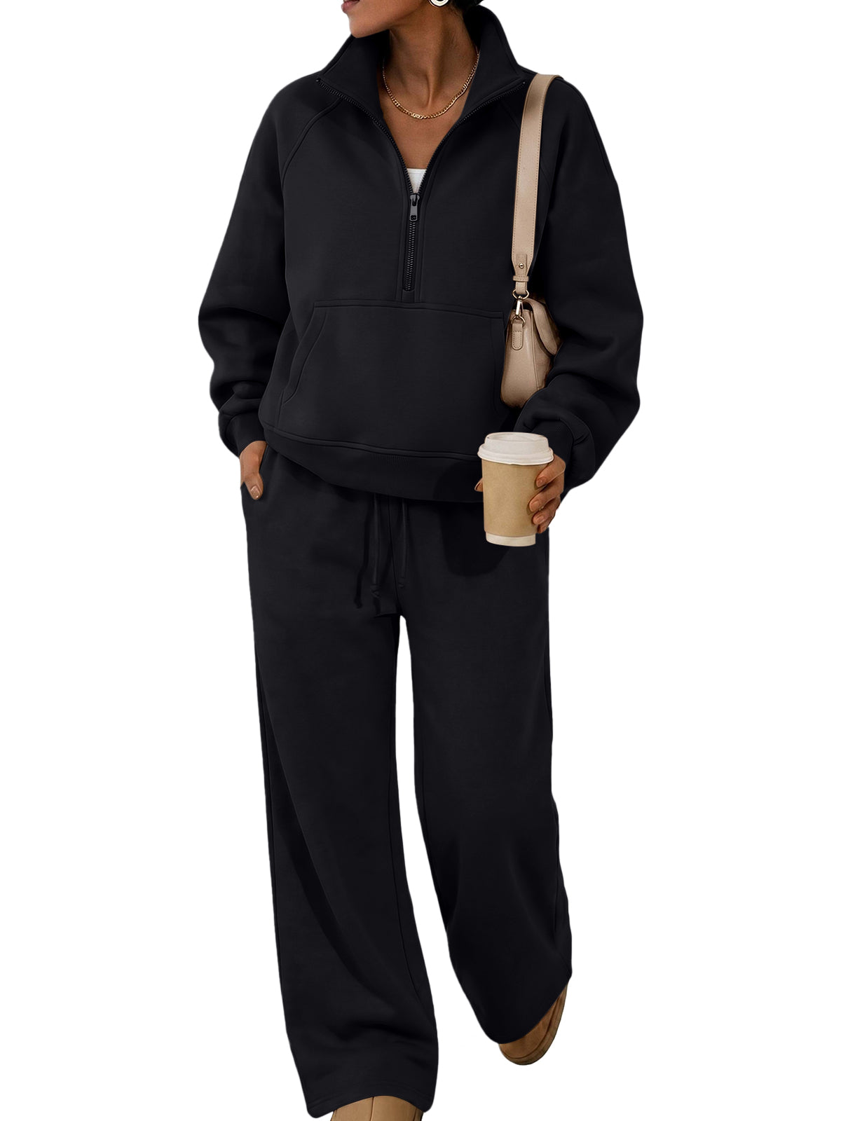 SUNBS 2 Piece Women's Sweatsuit Fall Oversized Half-Zip Sweatshirt and Wide Leg Pants Loungewear Set