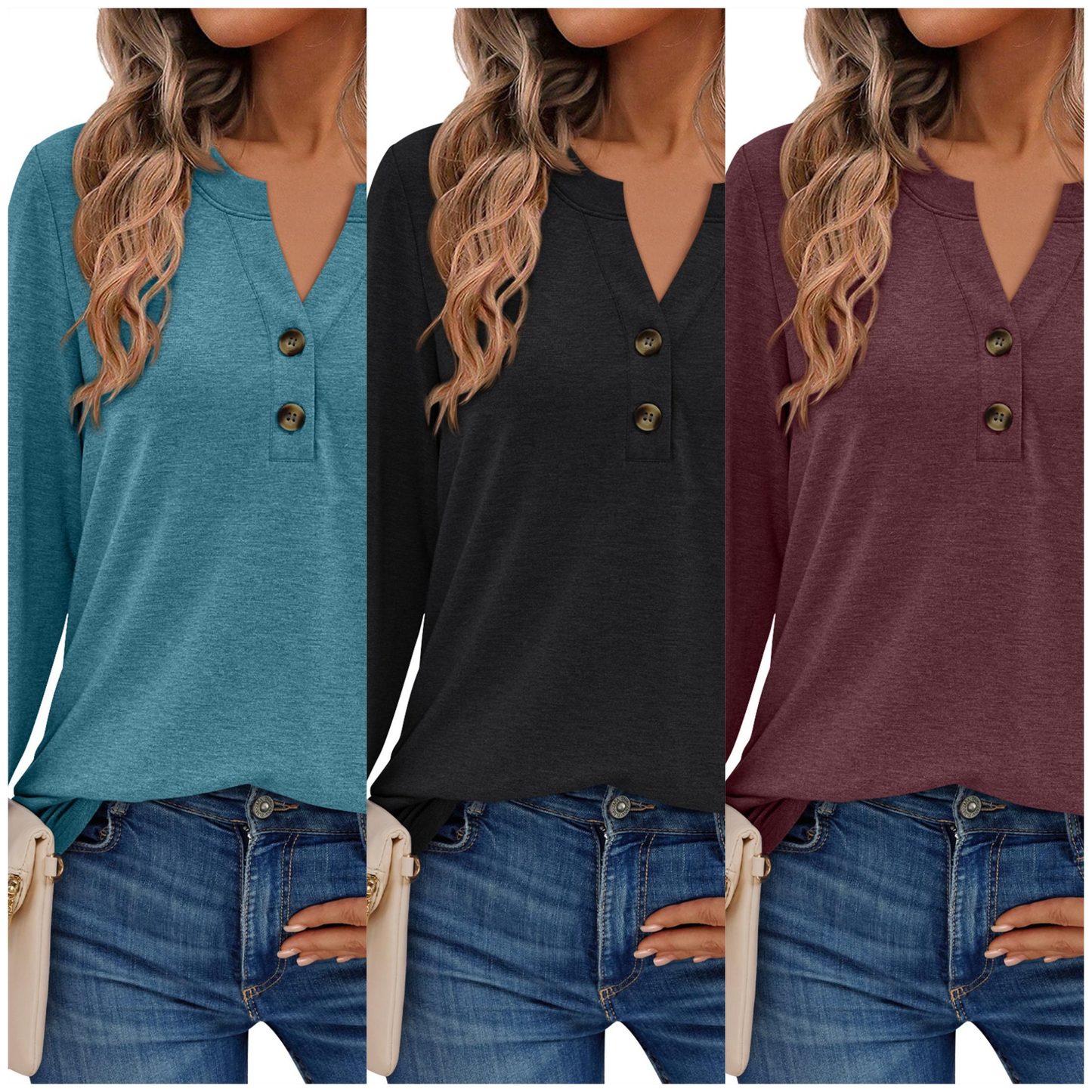 SUNBS 3 Packs Henley Blouses for Women Long Sleeve Shirts Fall Fashion Dressy Casual Tops Cute Work Outfits Clothes