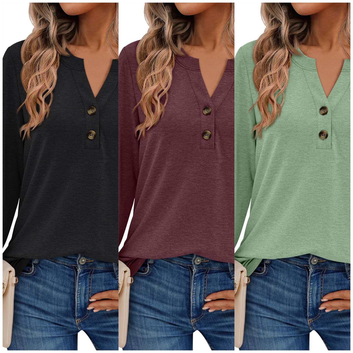 SUNBS 3 Packs Henley Blouses for Women Long Sleeve Shirts Fall Fashion Dressy Casual Tops Cute Work Outfits Clothes