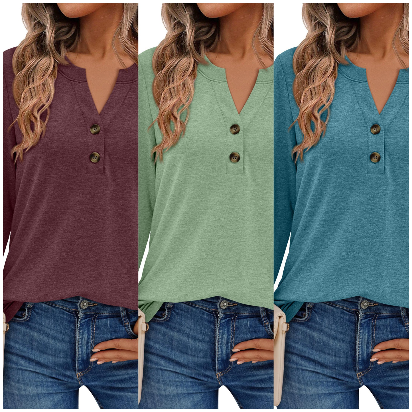 SUNBS 3 Packs Henley Blouses for Women Long Sleeve Shirts Fall Fashion Dressy Casual Tops Cute Work Outfits Clothes