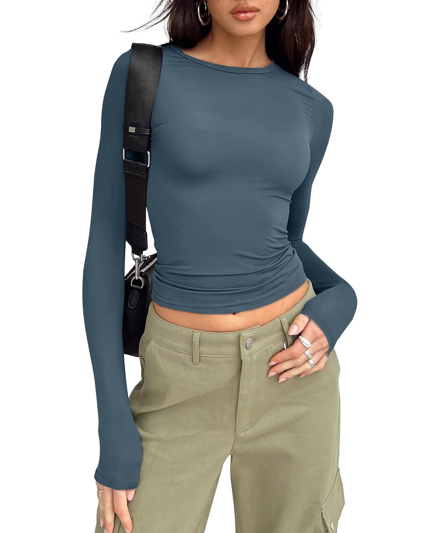 SUNBS Fitted Long Sleeve Shirts for Women Basic Crop Tops Fall Fashion Layering Slim Y2k Trendy Blouse