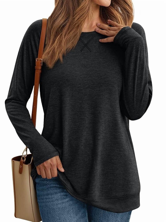 SUNBS Long Sleeve Shirts for Women Casual Work Tops Crewneck Blouses Loose Fit Clothes Trendy