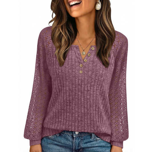 SUNBS Womens Tops Hollow-Out Lace Crewneck Blouses Fashion Casual Long Sleeve Shirts