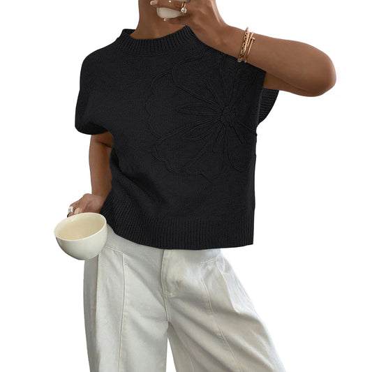 SUNBS Shirts for Women Short Sleeve Blouses Ribbed Sweater Crew Neck Short Sleeve Tops Loose Fit Floral Knit Pullover Clothing