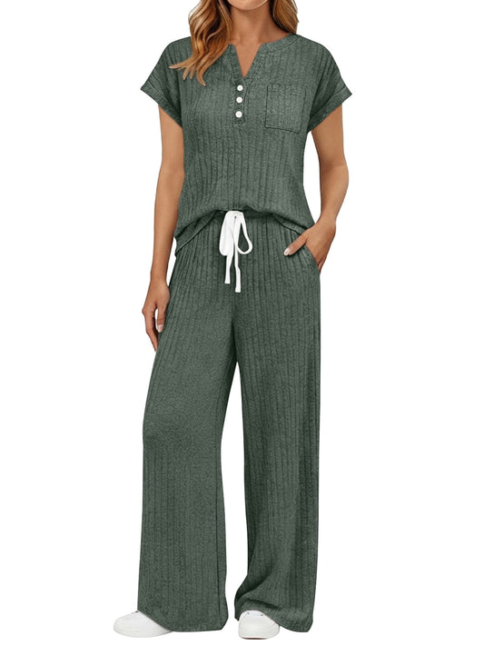 SUNBS Two Piece Lounge Set for Women Outfit Sets Henley Shirt Wide Leg Pants Casual Sweat Suit