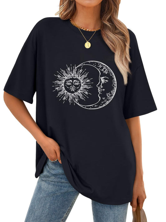 SUNBS Womens Loose Fit Graphic Tees Sun & Moon Oversized Casual T-Shirts for Women Summer Tops 2025
