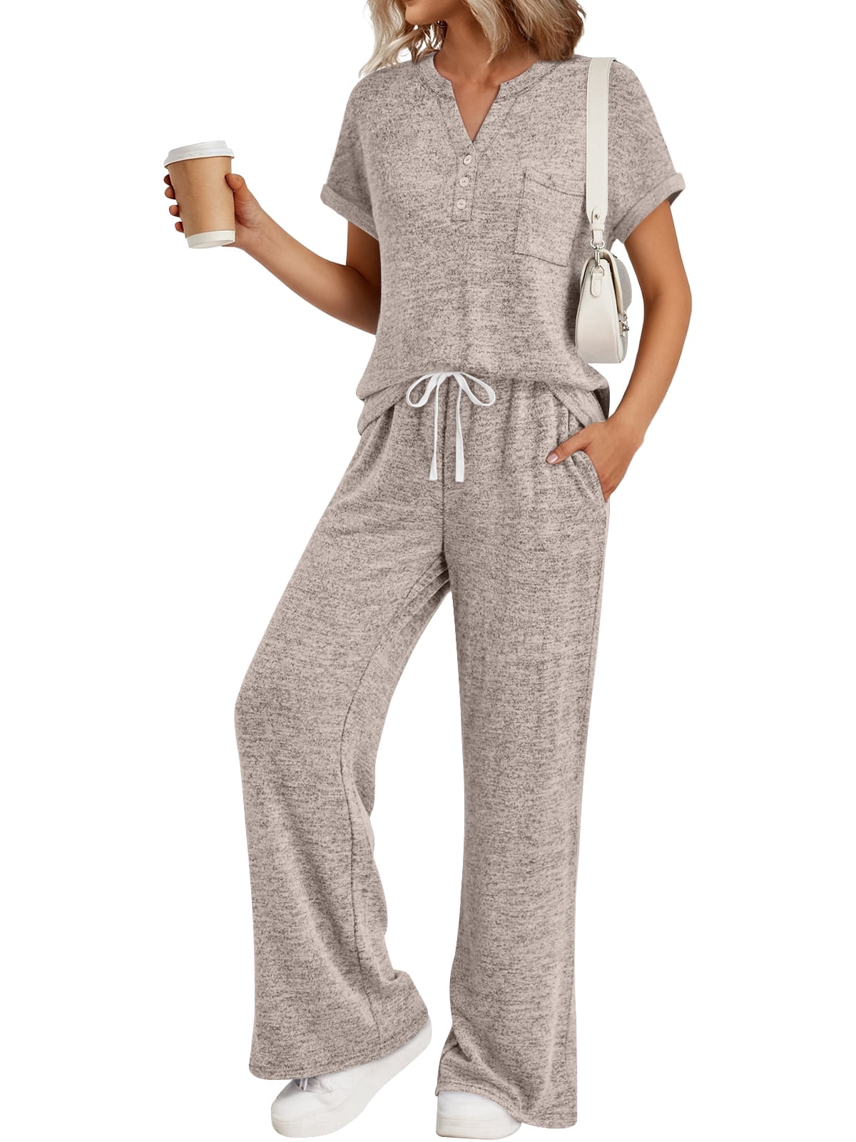 SUNBS 2 Piece Lounge Sets for Women Summer Henley Sweatsuit Travel Vacation Airport Outfits Pajamas Sets