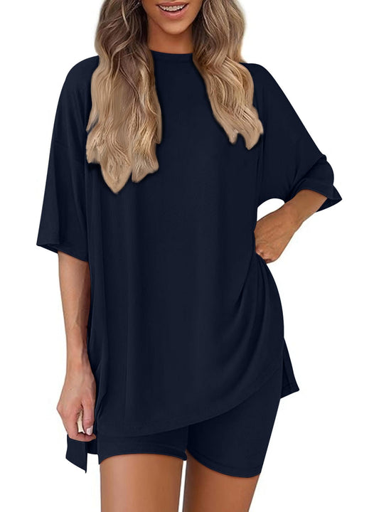 SUNBS Two Piece Lounge Set for Women Outfit Sets Casual Oversized Shirts Biker Shorts Matching Sets