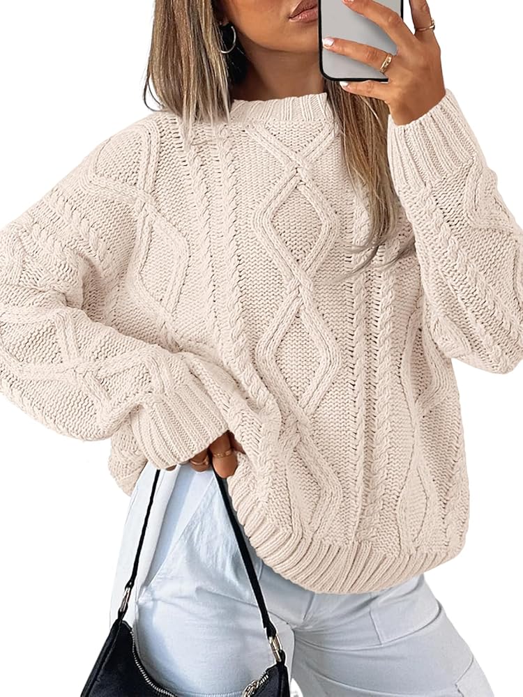 SUNBS Oversized Sweaters for Women Cable Knit Crewneck Pullover Casual Long Sleeve Top Fall Womens Clothes