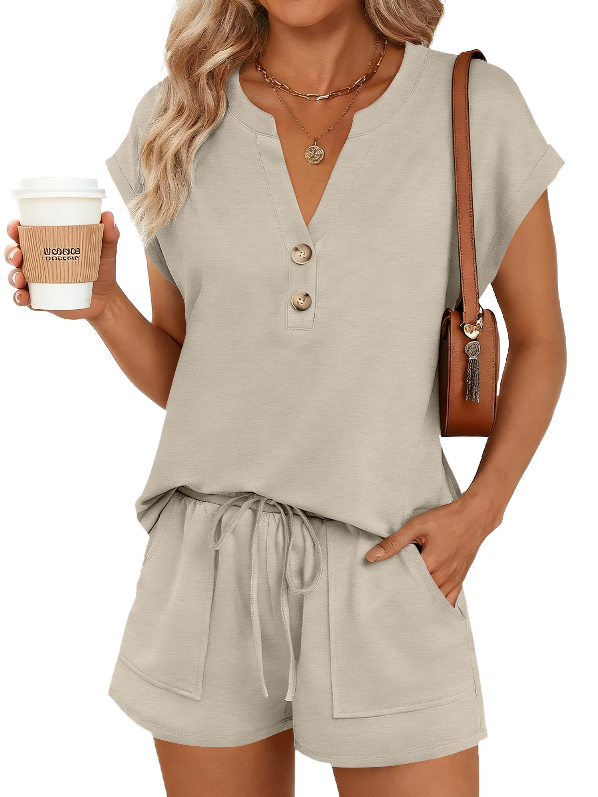SUNBS 2 Piece Outfit for Women Lounge Sets Cap Sleeve Henley Shirts and Shorts Sweatsuit Womens Matching Sets