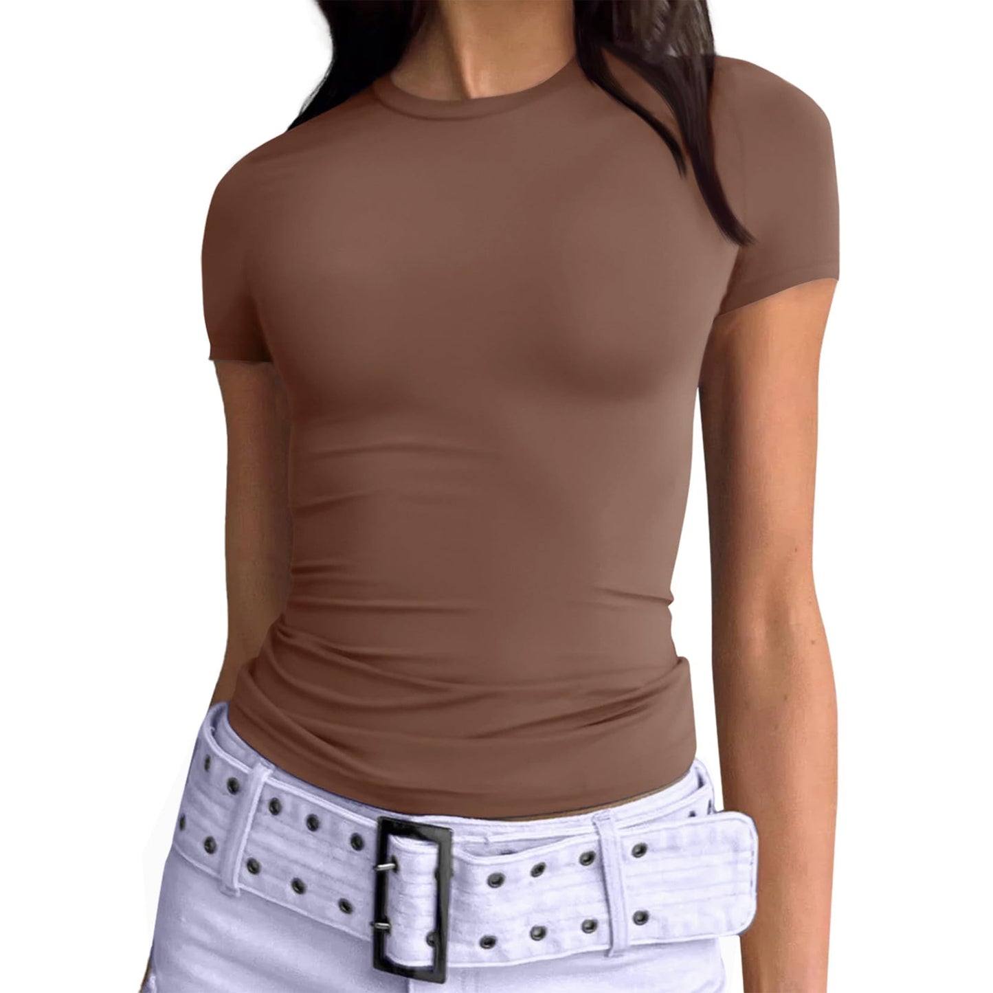SUNBS Womens Basic T-Shirts Scoop Neck Short Sleeve Crop Tops Cute Summer Tops Slim Fit Tees Y2k Clothing 2025