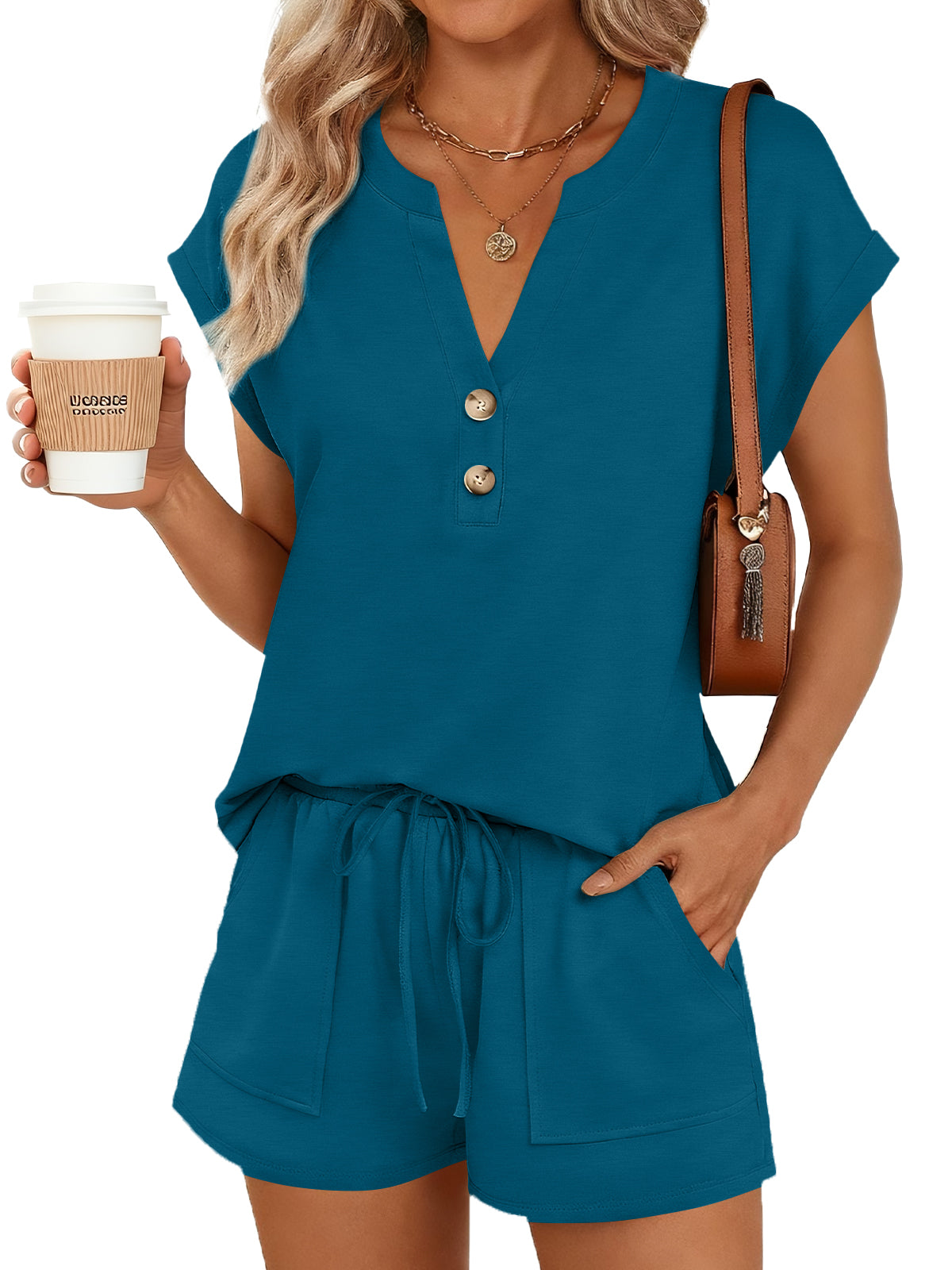 SUNBS 2 Piece Outfit for Women Lounge Sets Cap Sleeve Henley Shirts and Shorts Sweatsuit Womens Matching Sets