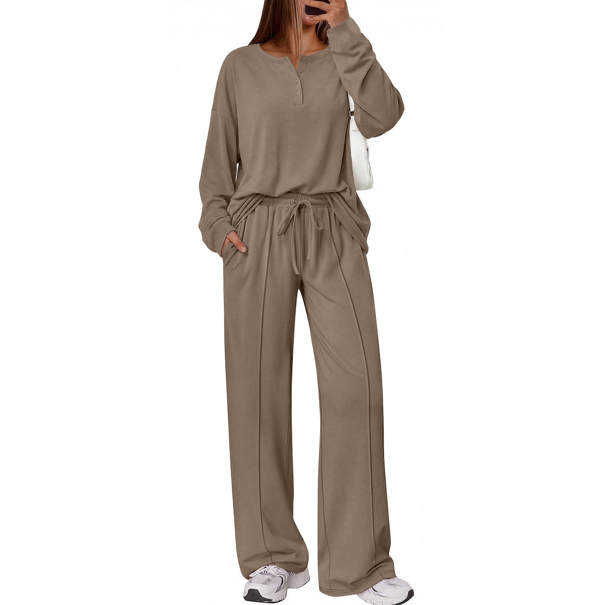 SUNBS Two Piece Loungewear Sets for Women Henley Neck Top Wide Leg Pants Fall Travel Outfits