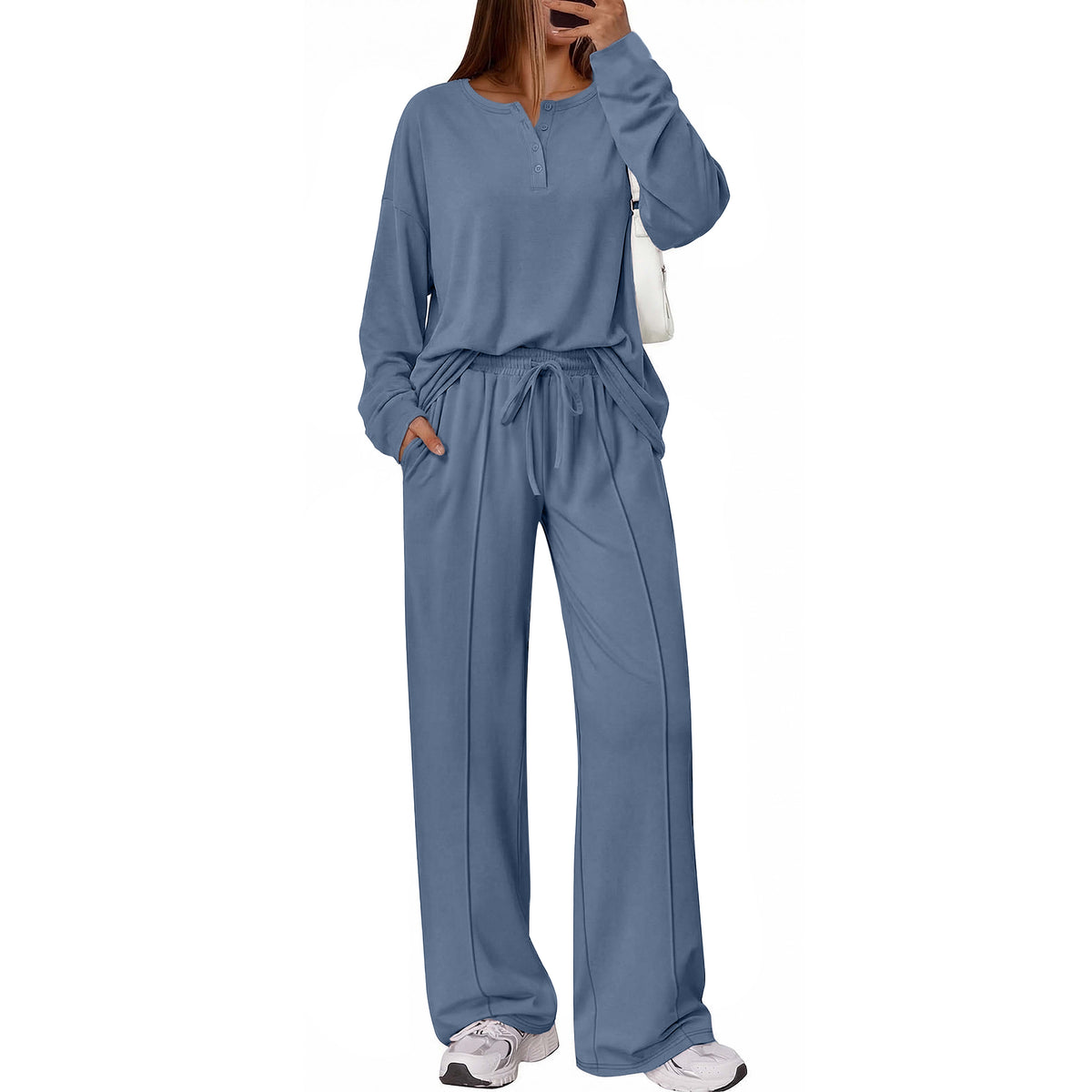 SUNBS Two Piece Loungewear Sets for Women Henley Neck Top Wide Leg Pants Fall Travel Outfits