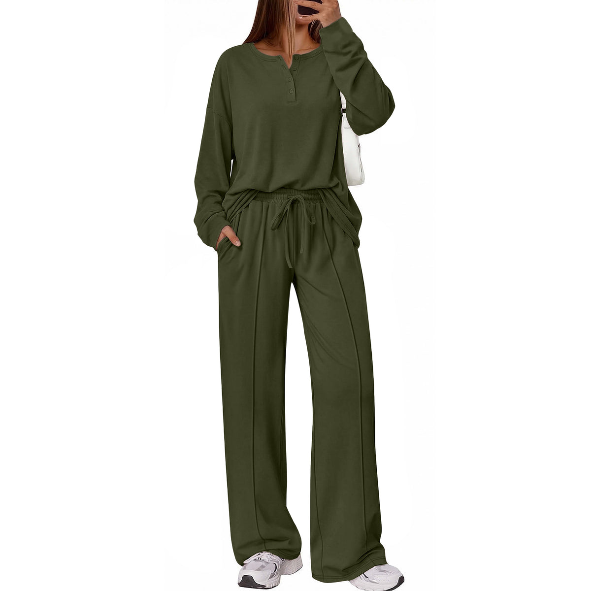 SUNBS Two Piece Loungewear Sets for Women Henley Neck Top Wide Leg Pants Fall Travel Outfits
