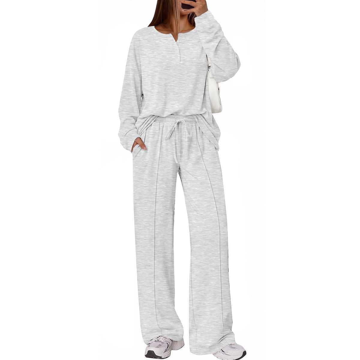 SUNBS Two Piece Loungewear Sets for Women Henley Neck Top Wide Leg Pants Fall Travel Outfits