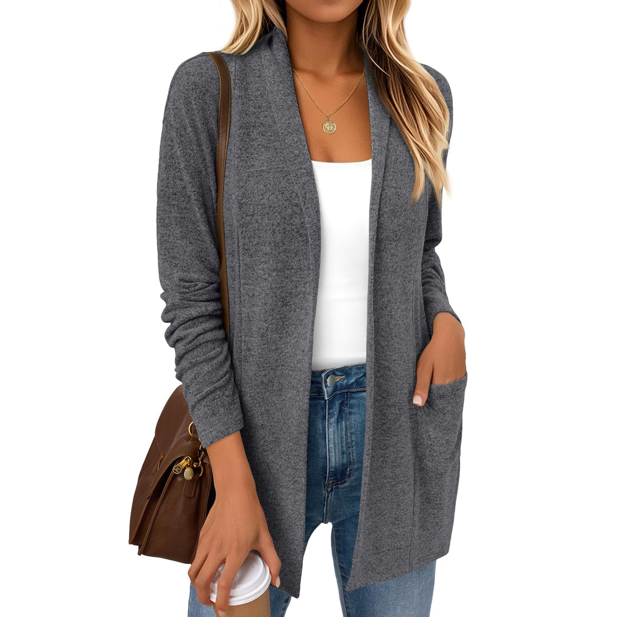 SUNBS Long Sleeve Cardigan Sweaters for Women Lightweight Open Front Tops Casual Loose Blouses with Pockets