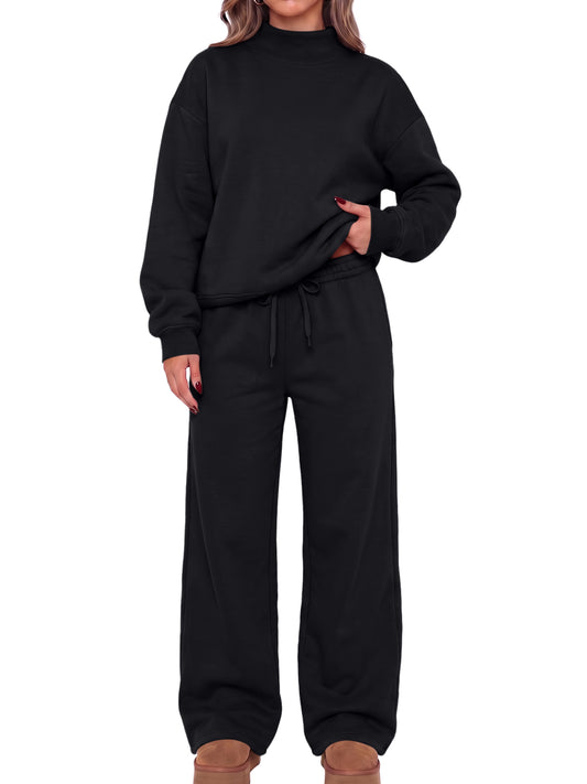SUNBS Lounge Sets for Women 2 Piece Mock Neck Sweatshirt Outfits for Women Fall Oversized Loungewear Set with Wide Leg Pants