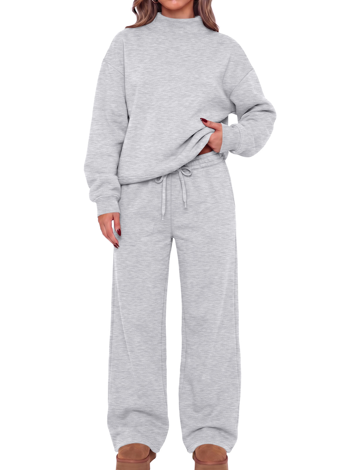 SUNBS Lounge Sets for Women 2 Piece Mock Neck Sweatshirt Outfits for Women Fall Oversized Loungewear Set with Wide Leg Pants