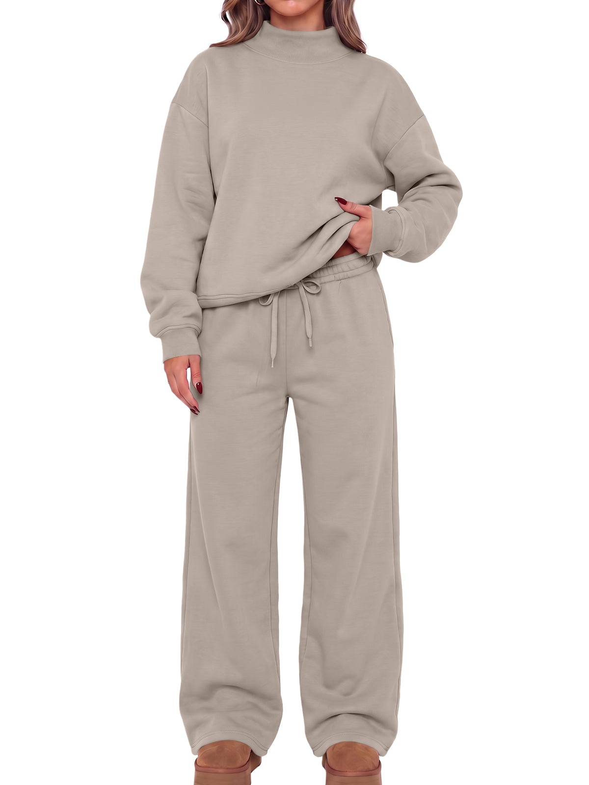 SUNBS Lounge Sets for Women 2 Piece Mock Neck Sweatshirt Outfits for Women Fall Oversized Loungewear Set with Wide Leg Pants