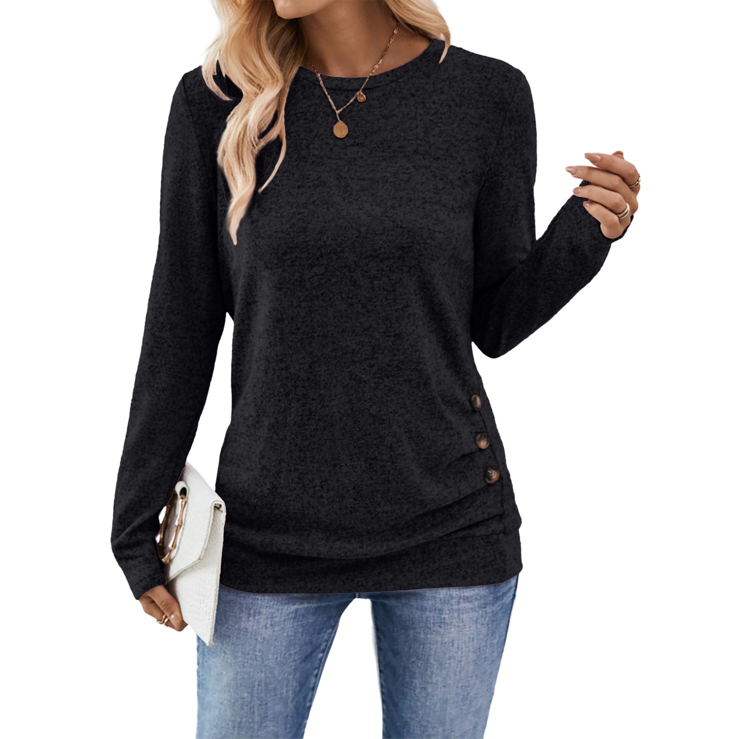 SUNBS Women's Long Sleeve Tunic Blouses Fall Button Side Ruched Shirts Crewneck Casual Tops Fashion Clothes