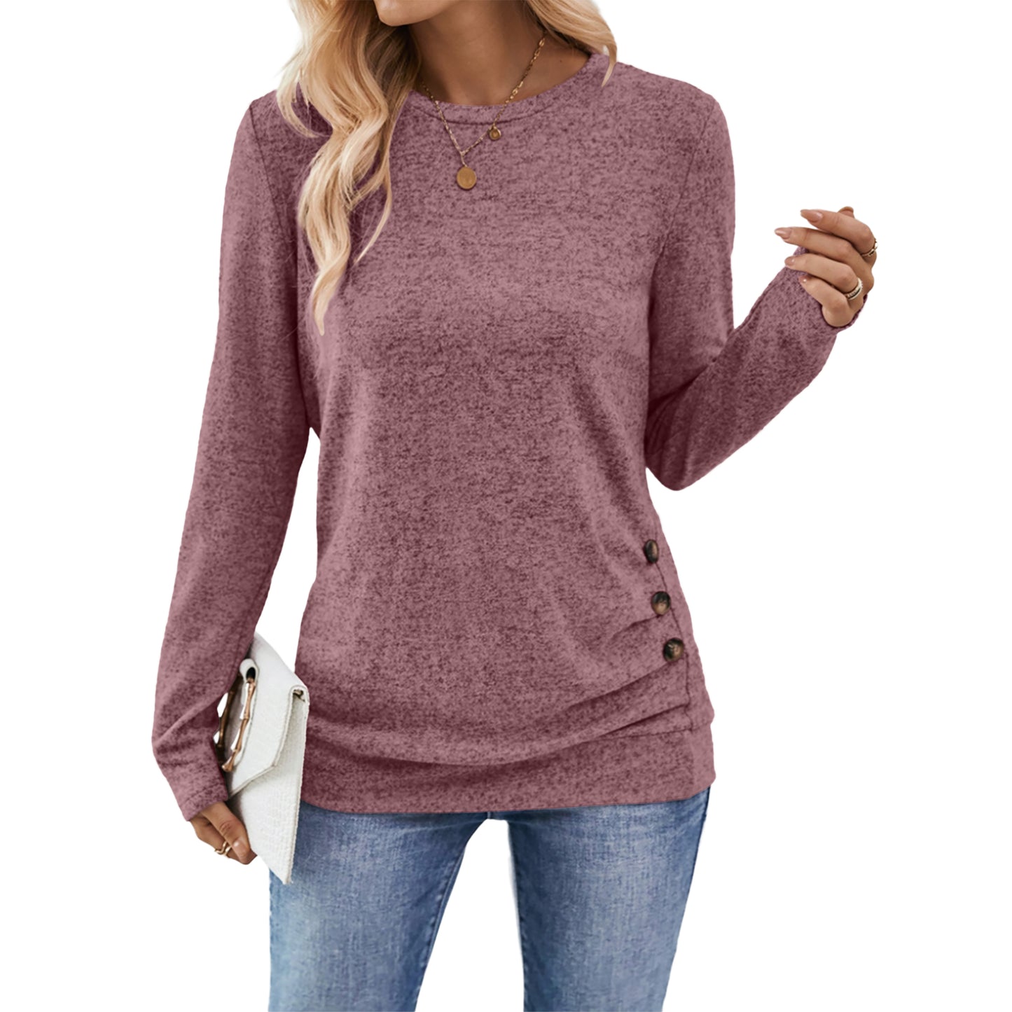 SUNBS Women's Long Sleeve Tunic Blouses Fall Button Side Ruched Shirts Crewneck Casual Tops Fashion Clothes