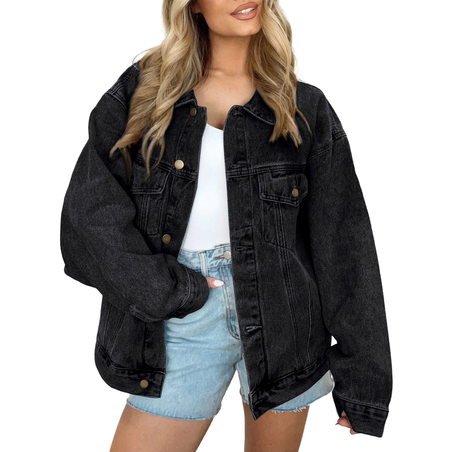 SUNBS Womens Loose Oversized Trucker Denim Jacket Long Sleeve Button Up Casual Jean Outerwear with Pockets