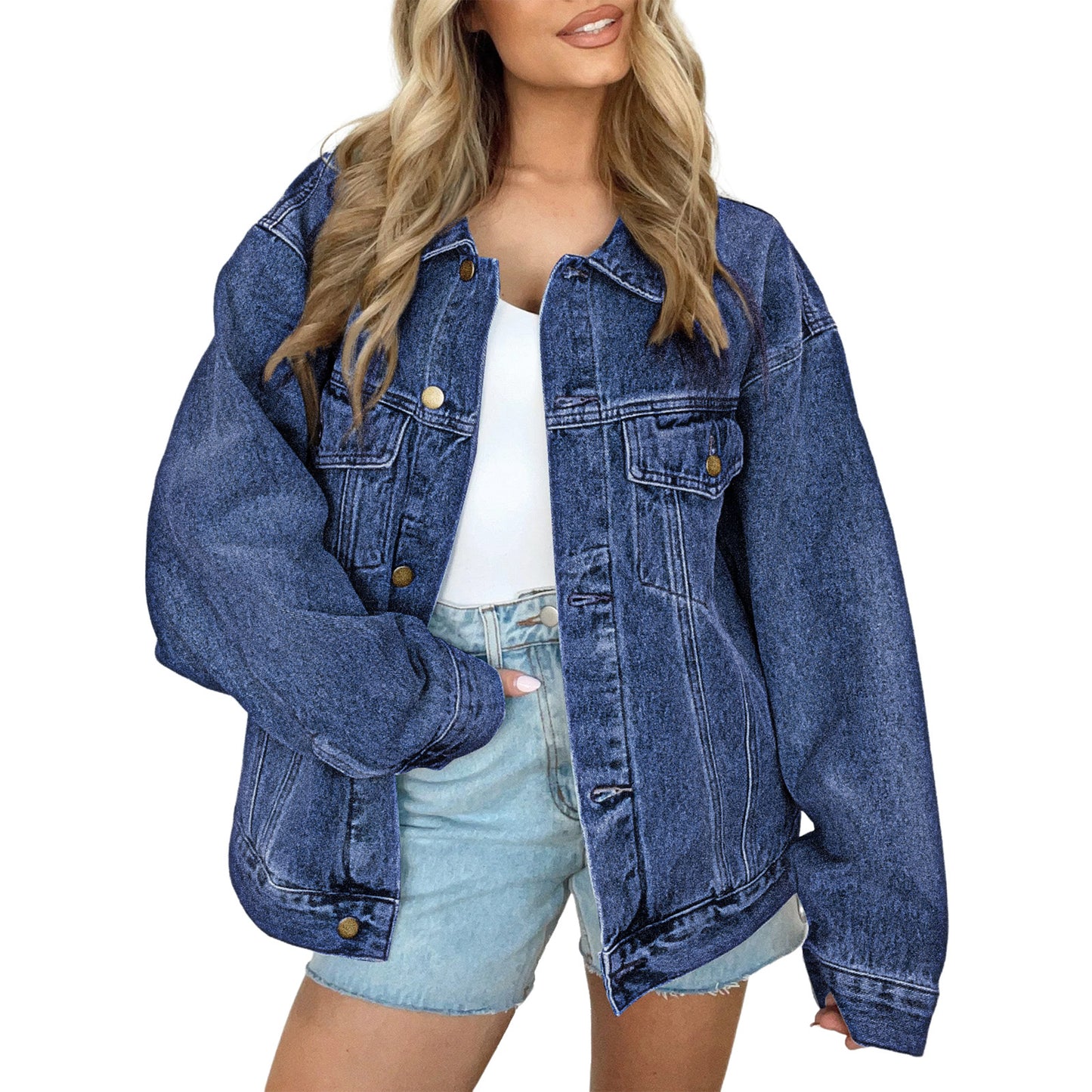 SUNBS Womens Loose Oversized Trucker Denim Jacket Long Sleeve Button Up Casual Jean Outerwear with Pockets