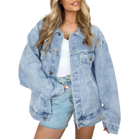 SUNBS Womens Loose Oversized Trucker Denim Jacket Long Sleeve Button Up Casual Jean Outerwear with Pockets