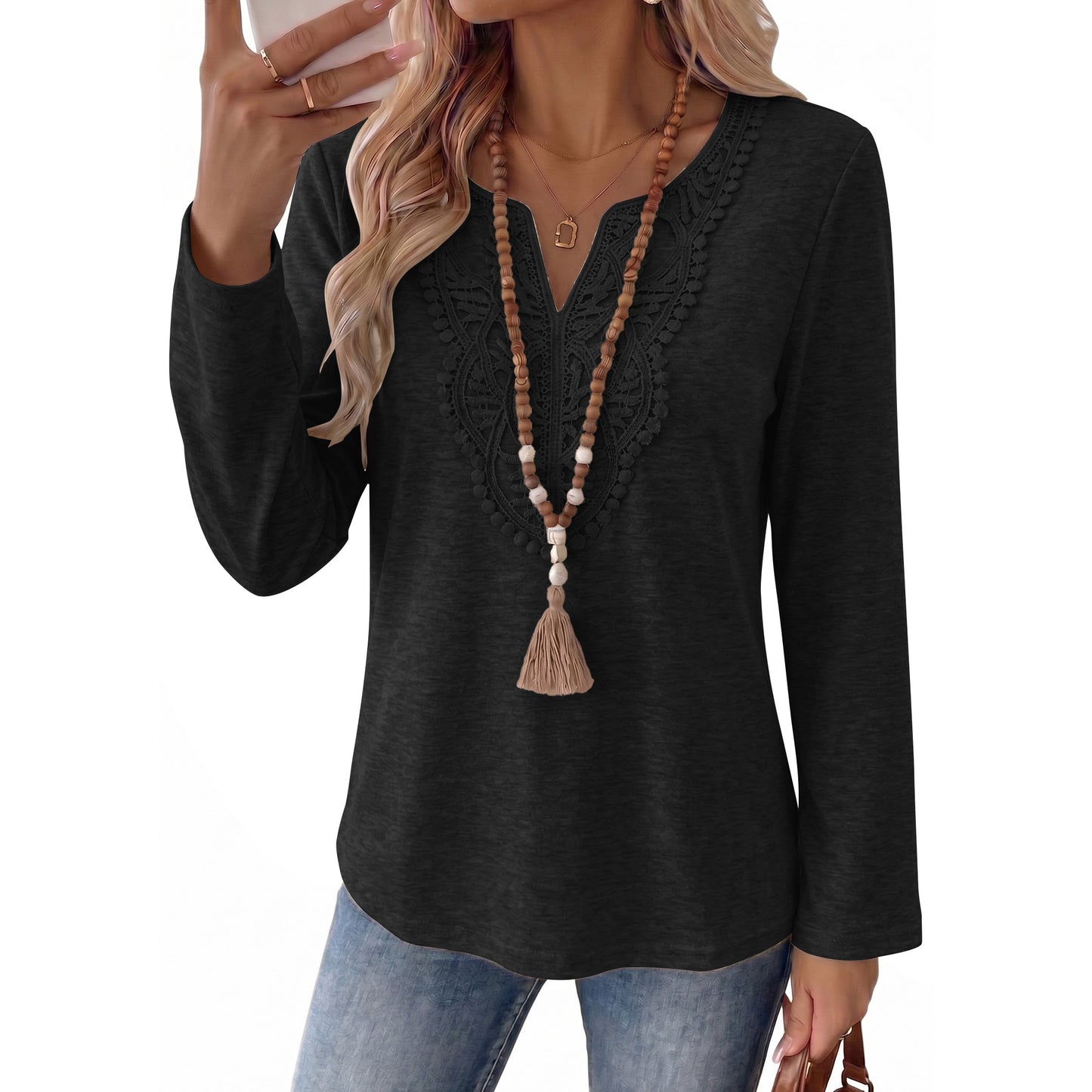SUNBS Women's Long Sleeve Shirts Lace V Neck Tunic Tops Stretch Loose Fit Dressy Casual Fall Winter Shirts