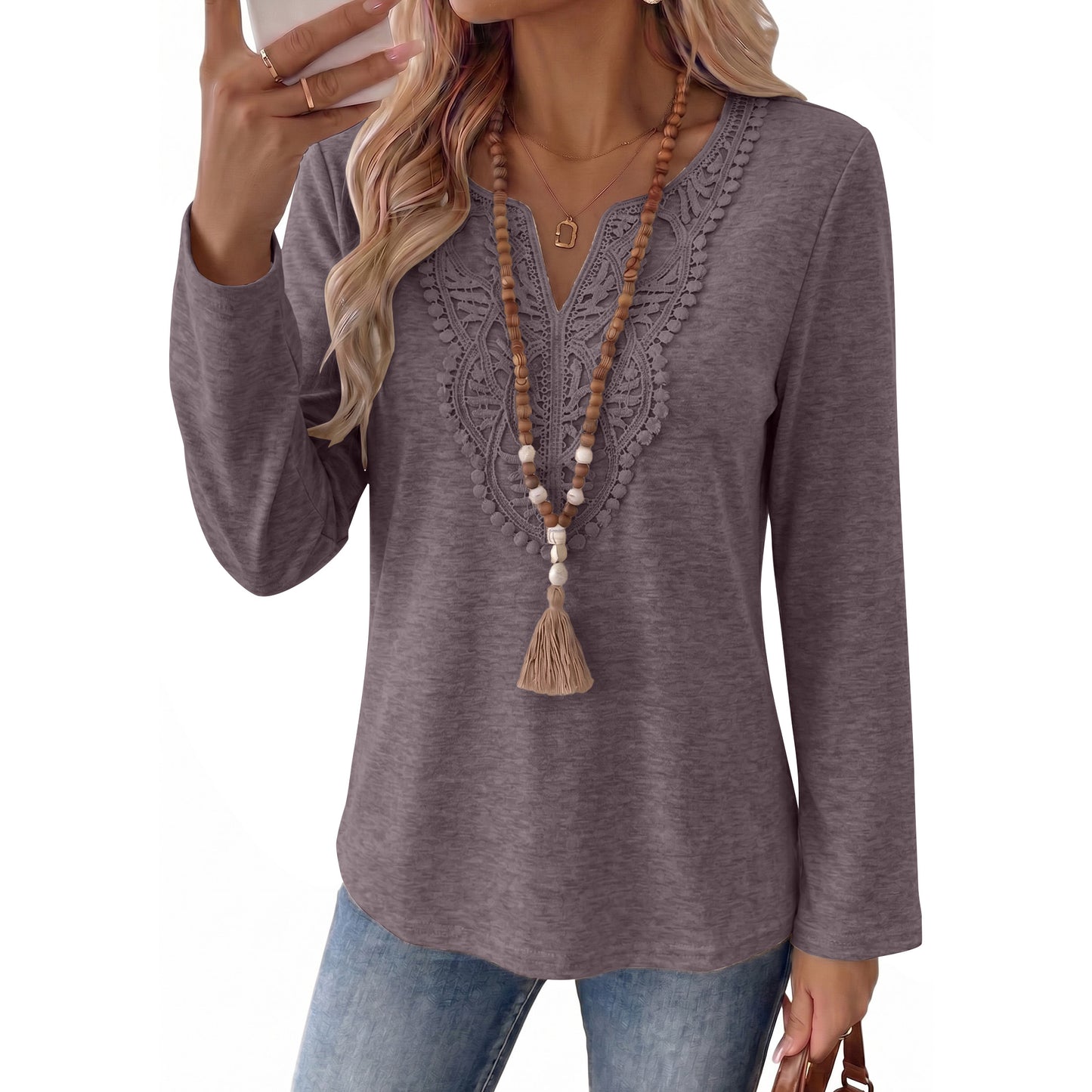 SUNBS Women's Long Sleeve Shirts Lace V Neck Tunic Tops Stretch Loose Fit Dressy Casual Fall Winter Shirts