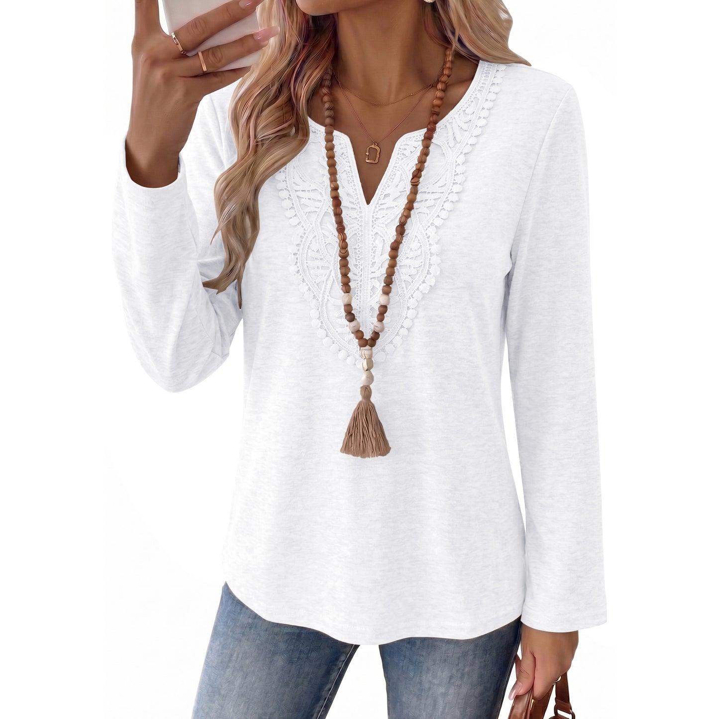 SUNBS Women's Long Sleeve Shirts Lace V Neck Tunic Tops Stretch Loose Fit Dressy Casual Fall Winter Shirts