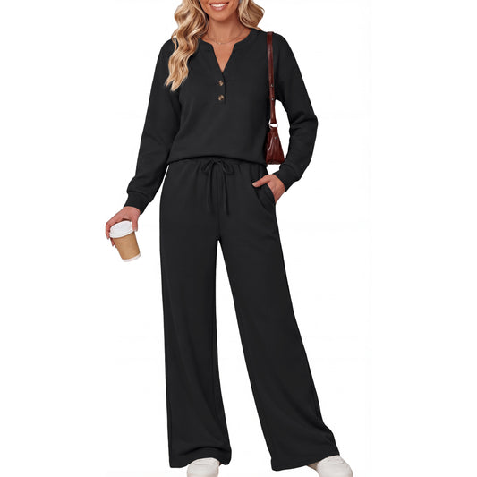 SUNBS Long Sleeve Lounge Sets V Neck Two Piece Sets for Women Wide Leg Pants Travel Outfits Tracksuit Sweatsuits Set