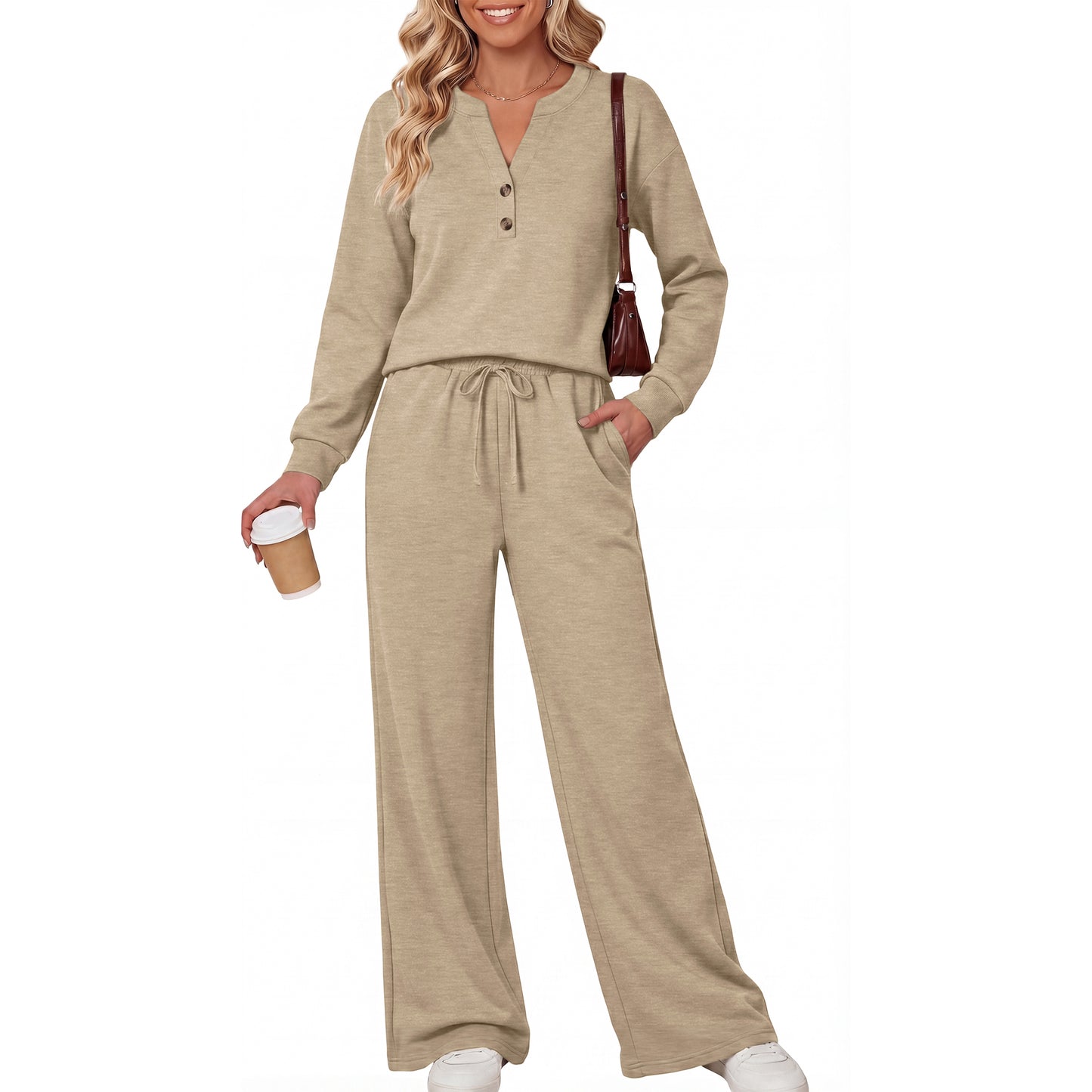 SUNBS Long Sleeve Lounge Sets V Neck Two Piece Sets for Women Wide Leg Pants Travel Outfits Tracksuit Sweatsuits Set