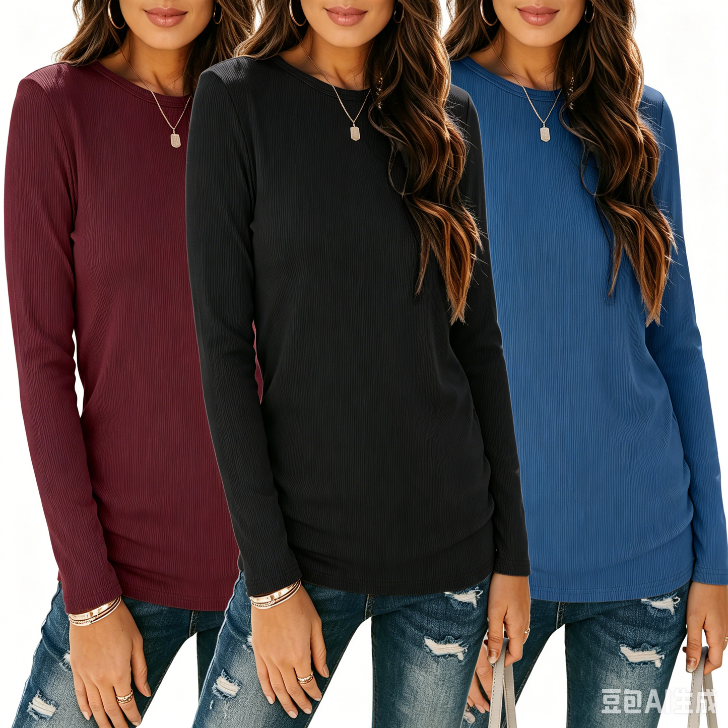 SUNBS Women's Long Sleeve Shirts 3 Pack Vertical Ribbed Crew Neck Stretch Tunic Tops Casual Fall Winter Shirts