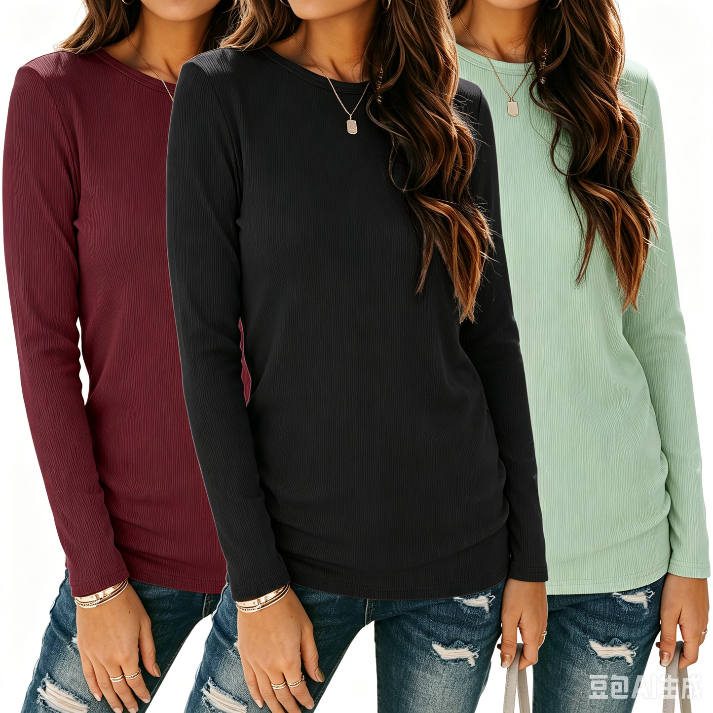 SUNBS Women's Long Sleeve Shirts 3 Pack Vertical Ribbed Crew Neck Stretch Tunic Tops Casual Fall Winter Shirts