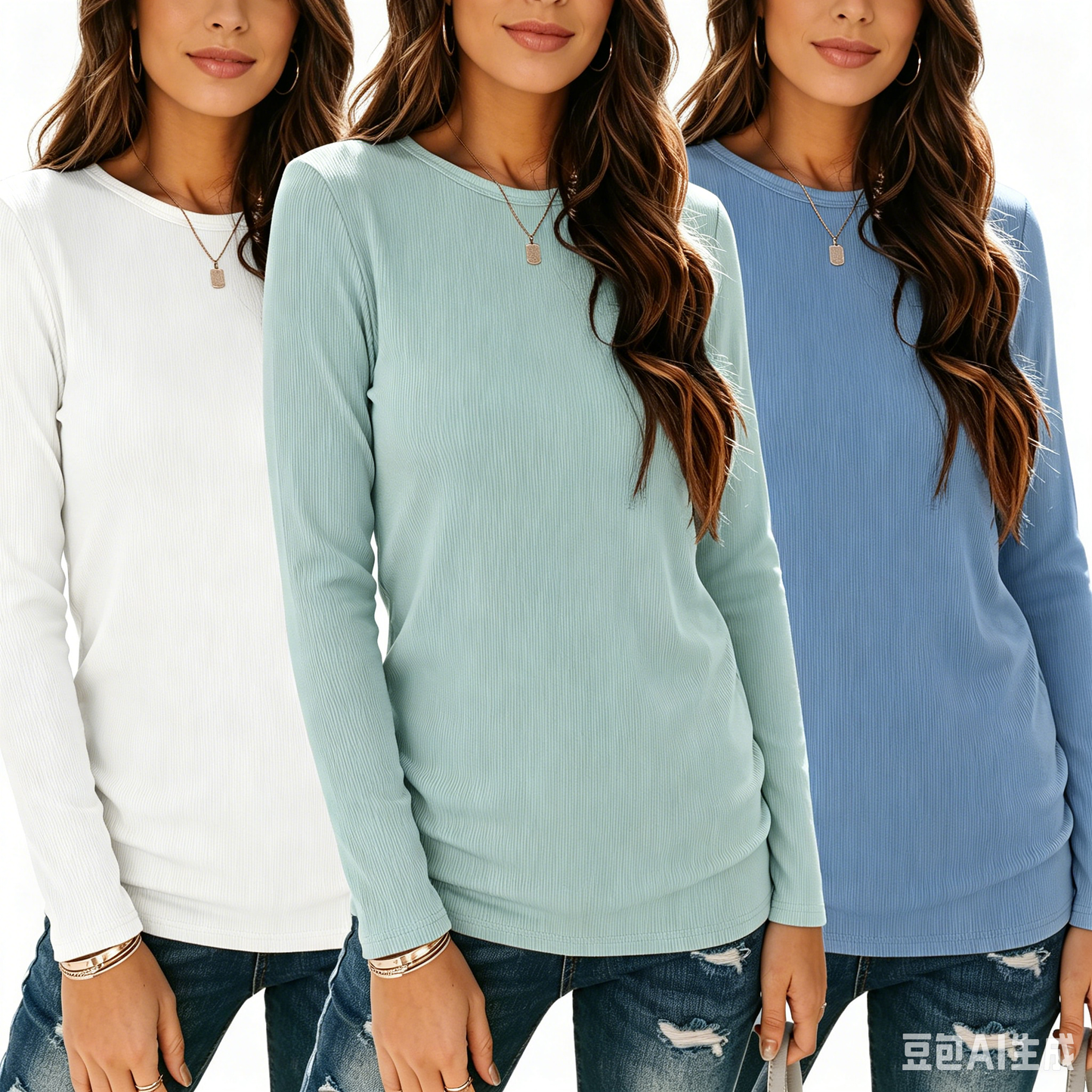 SUNBS Women's Long Sleeve Shirts 3 Pack Vertical Ribbed Crew Neck Stretch Tunic Tops Casual Fall Winter Shirts