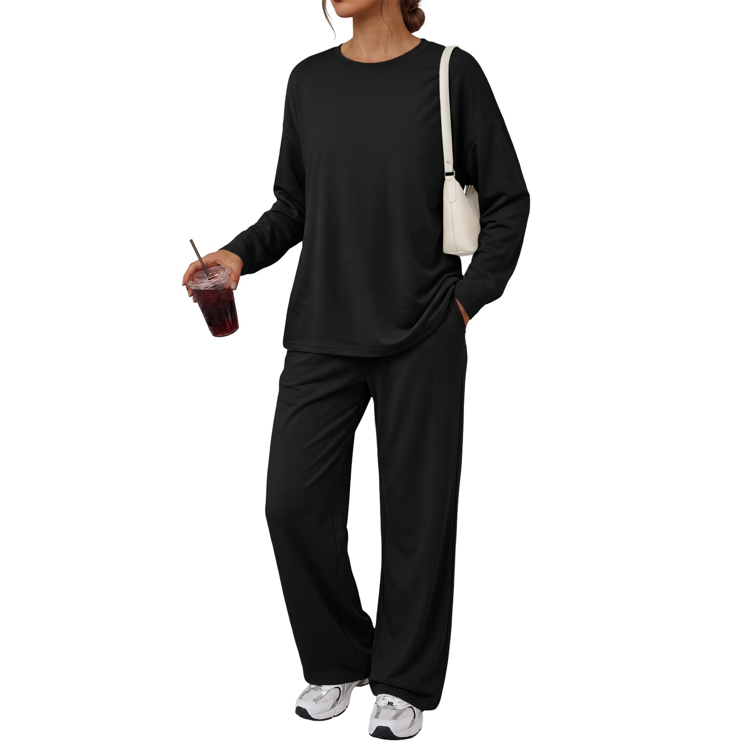 Womens Crew Neck Long Sleeve Top Wide Leg Sweatpants 2 Piece Matching Set Soft Lounge Sweatsuit Tracksuit