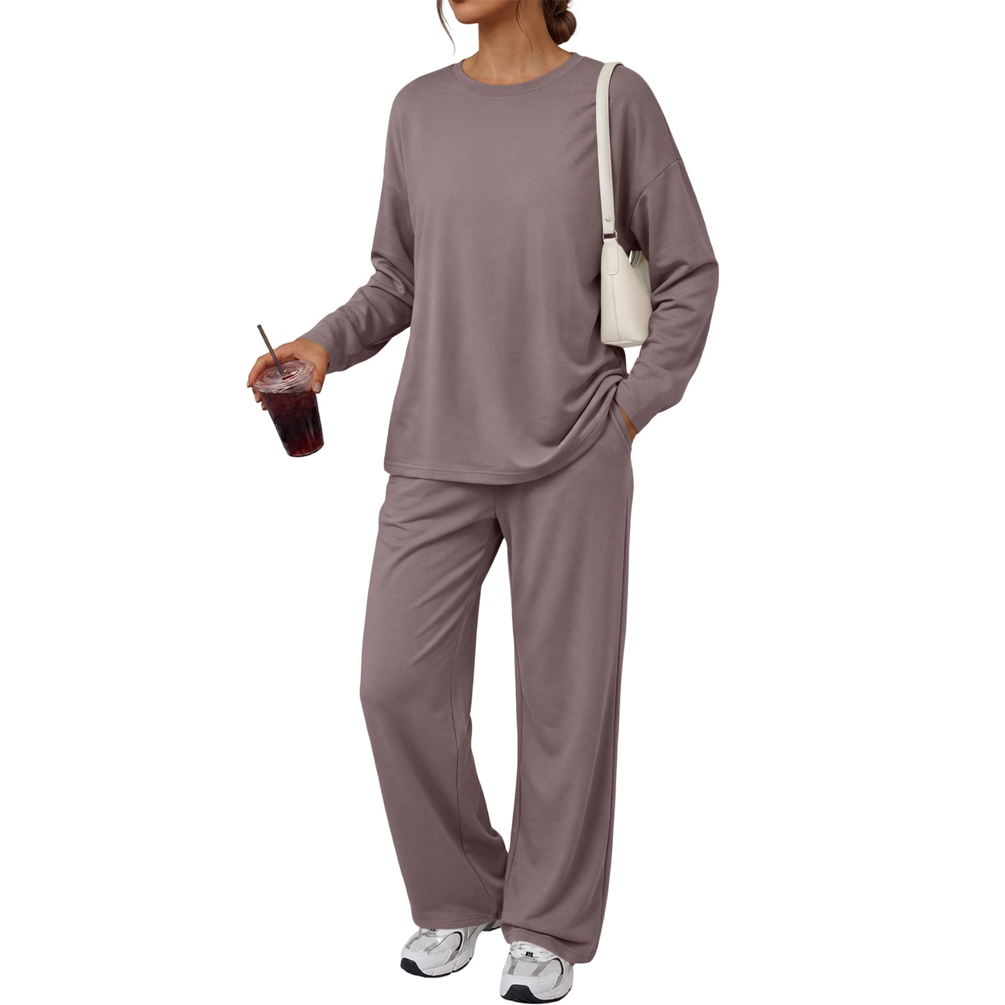 Womens Crew Neck Long Sleeve Top Wide Leg Sweatpants 2 Piece Matching Set Soft Lounge Sweatsuit Tracksuit