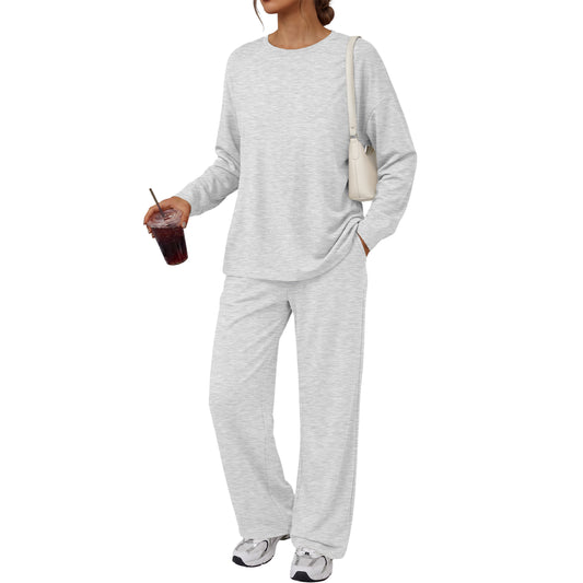 Womens Crew Neck Long Sleeve Top Wide Leg Sweatpants 2 Piece Matching Set Soft Lounge Sweatsuit Tracksuit