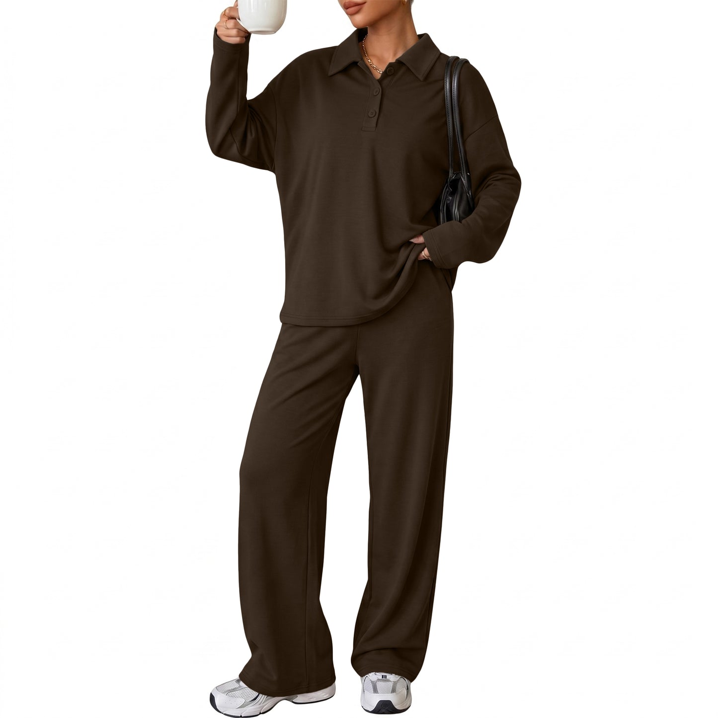 SUNBS Womens Polo Long Sleeve Top Wide Leg Sweatpants 2 Piece Matching Set Soft Knit Lounge Sweatsuit Tracksuit