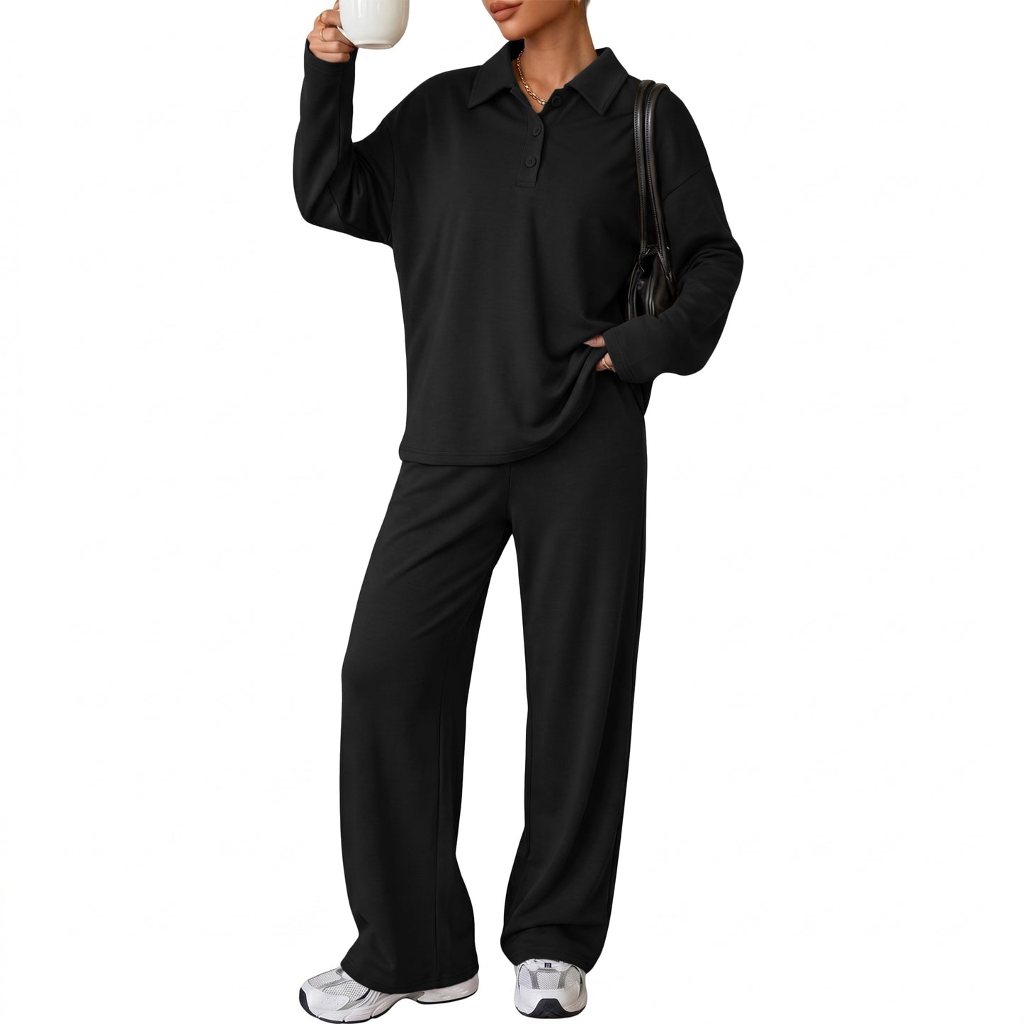 SUNBS Womens Polo Long Sleeve Top Wide Leg Sweatpants 2 Piece Matching Set Soft Knit Lounge Sweatsuit Tracksuit