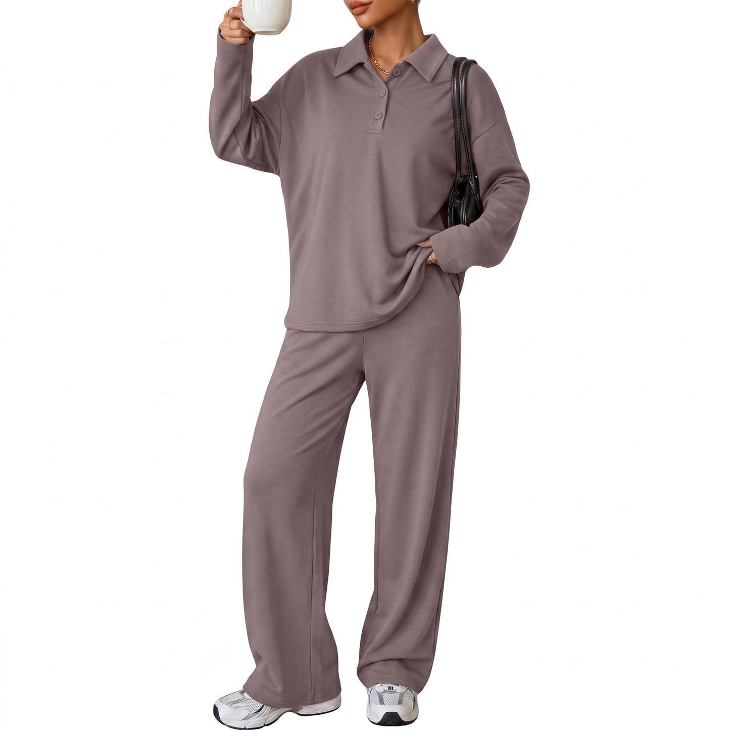 SUNBS Womens Polo Long Sleeve Top Wide Leg Sweatpants 2 Piece Matching Set Soft Knit Lounge Sweatsuit Tracksuit