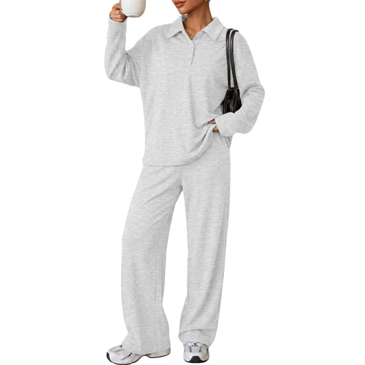 SUNBS Womens Polo Long Sleeve Top Wide Leg Sweatpants 2 Piece Matching Set Soft Knit Lounge Sweatsuit Tracksuit