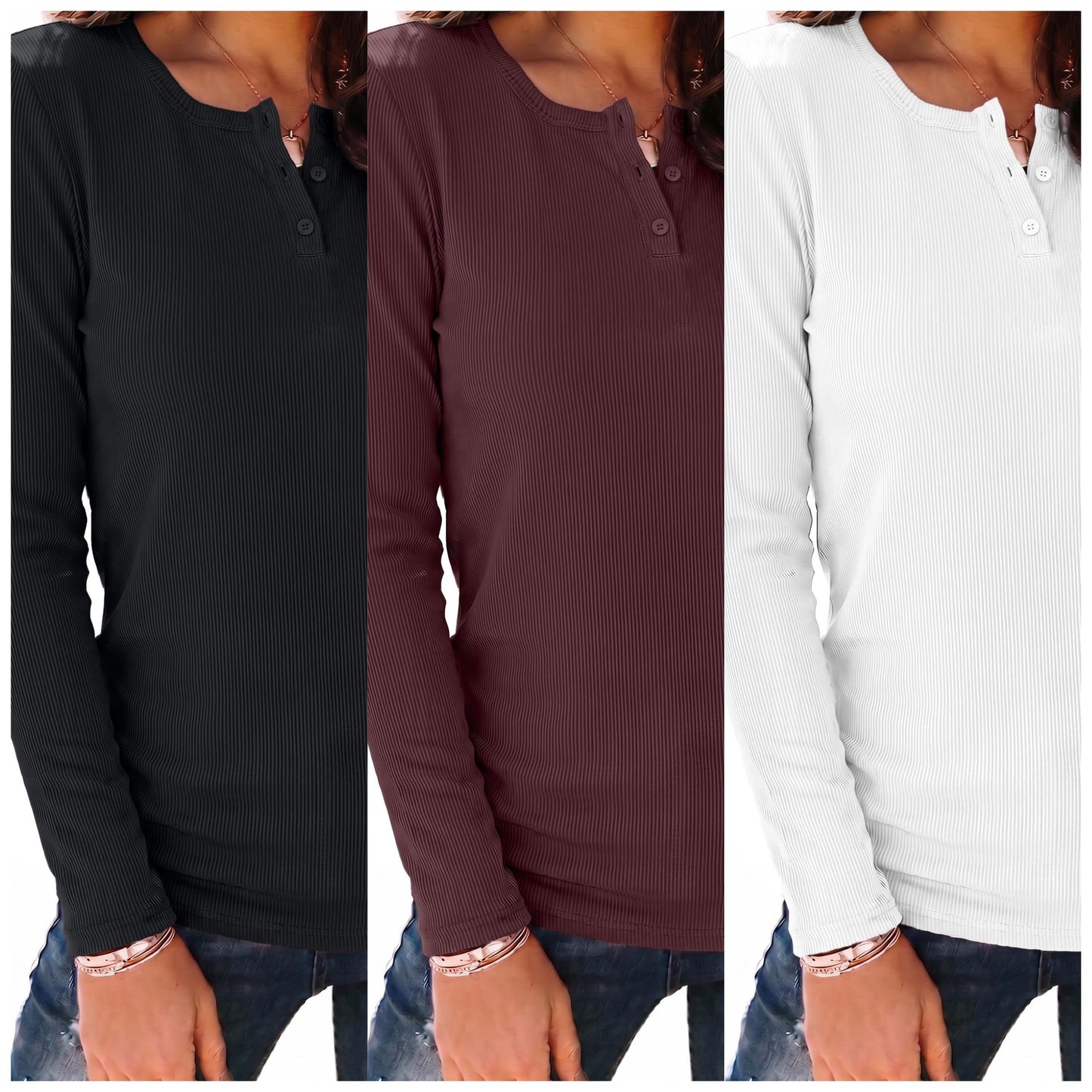 SUNBS 3 Packs Long Sleeve Shirts for Women Fall Tops Casual Crewneck Blouses Basics Tees